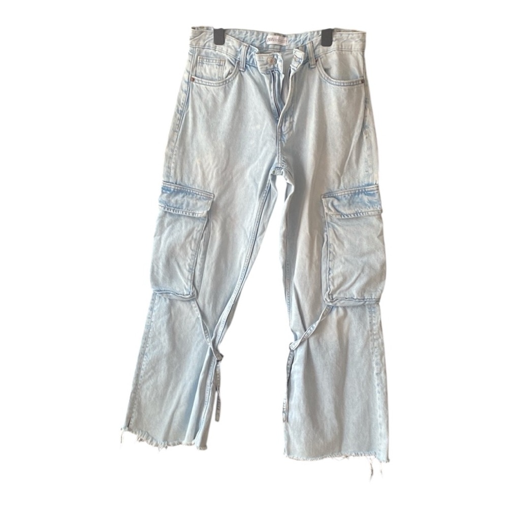 Zara Blue Cargo Flare Wide Leg Jeans- Mid rise-